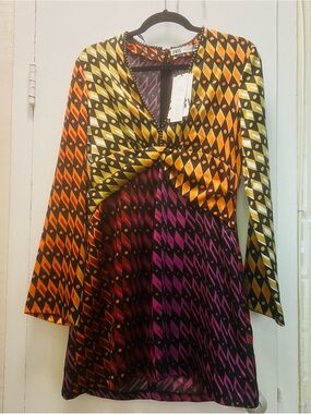NEW. Zara Multicolor Printed Long-Sleeve Twist Dress - Yellow/Orange/Purple